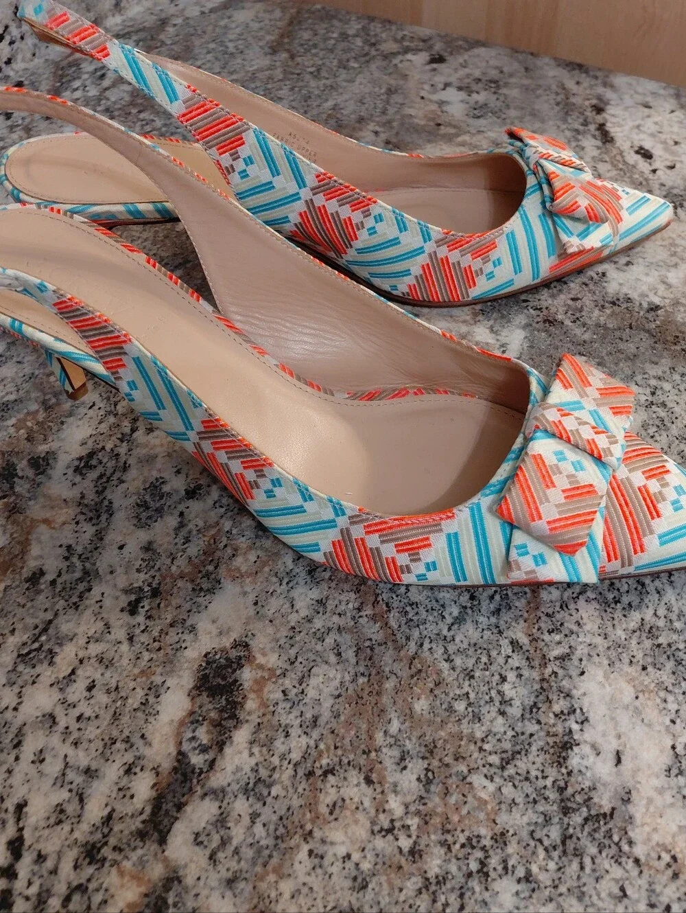 J. Crew Teal & Coral Leather Slingback Heels With A Bow